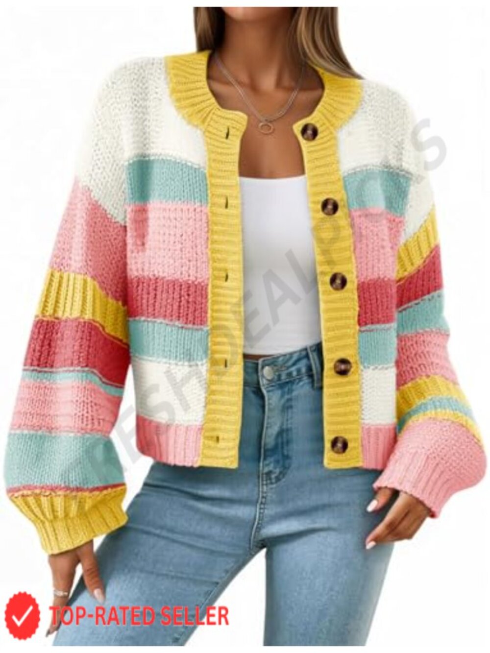 Womens Striped Chunky Cardigan Sweater Button Down Crew Neck Oversized Knit Coat